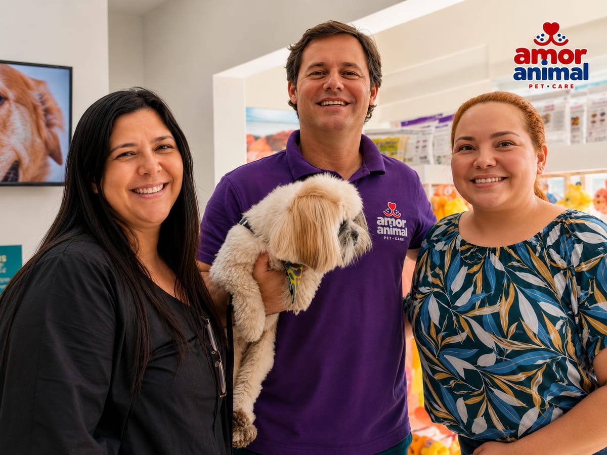 Equipe da Amor Animal com um pet na loja